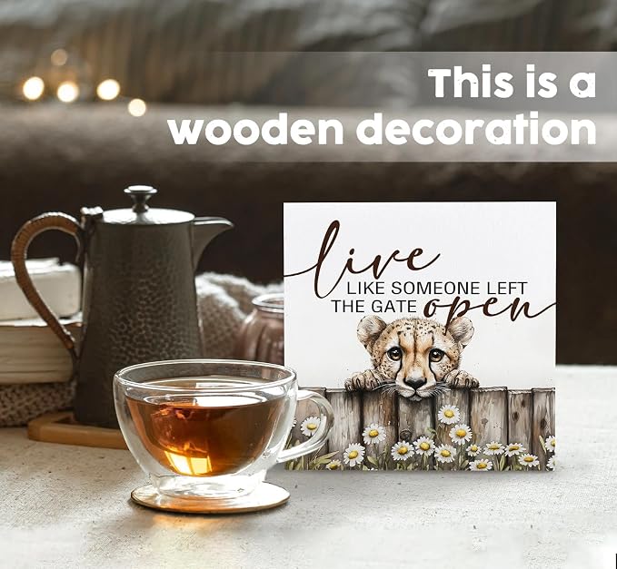Nursery Cheetah Wooden Box Sign, Cute Live Like Someone Left the Gate Open Wooden Signs for Home Decor,Funny Animal Kitchen Bedroom Decor,Cheetah Gifts for Kids Boys Girls, 8x8