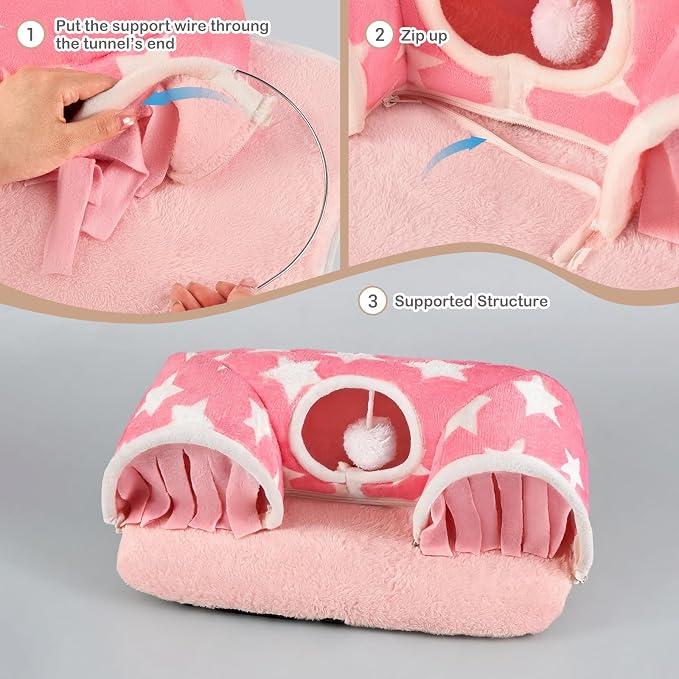 Avont Guinea Pig Tunnel, Small Animal Hideaway Tube Toy | Cozy Plush Tunnel for Guinea Pigs and Small Pets with Non-Slip Bottom and 2-In-1 Design in Medium Size Pink