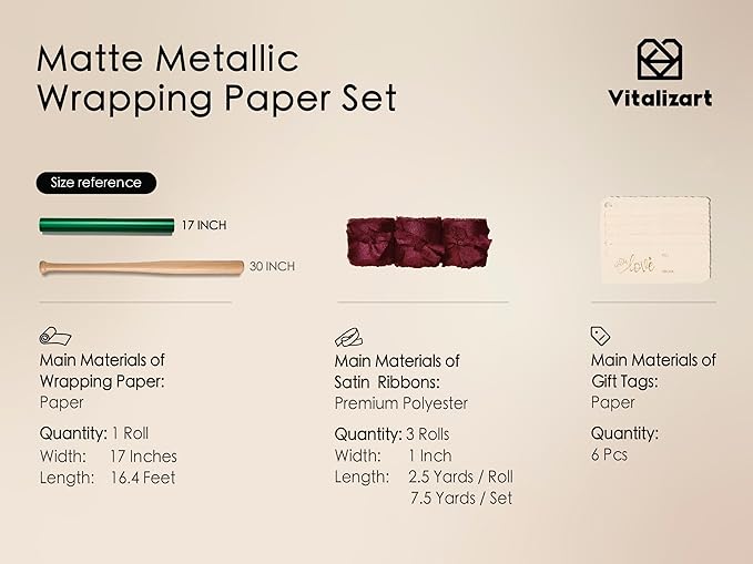 Vitalizart Green Matte Metallic Wrapping Paper Set 17" With Red Silk Like Satin Ribbon & Gift Tags Recyclable Eco-Friendly Christmas Gift Wrapping Birthday Baby Shower Wedding Handmade Crafts 197"(16.4 Ft)