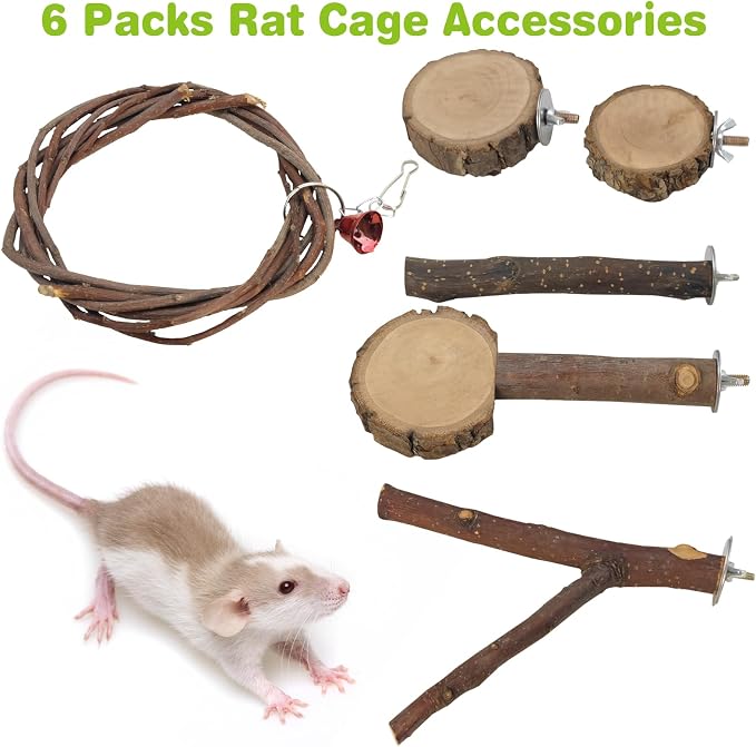 BNOSDM 6 Packs Wooden Sugar Glider Cage Accessories Rat Climbing Toys with Swing, Perch Stands & Platforms, Small Animal Habitat Decor for Chinchilla, Squirrel, Gerbil, Hamster