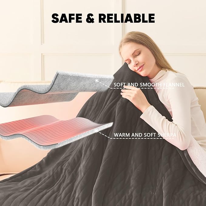 greenoak Heated Blanket Electric Throw 50"X60", Heating Blanket with 10 Heat Levels 8 Hours Auto-Off,Fleece Soft Blanket, Birthday Gifts for Grandma Seniors, Lacquered Black