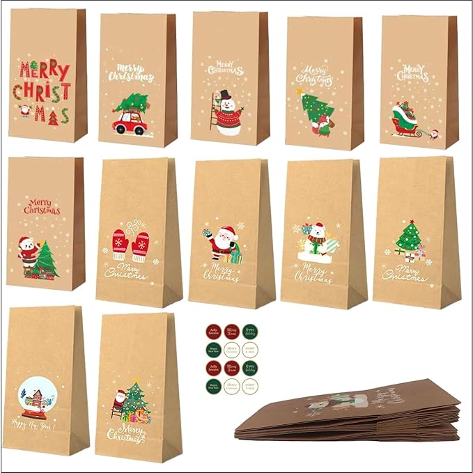 UrLLssMo 24pcs Hand-Illustrated Christmas Gift Bags - Bulk Set of Holiday Party Favor Bags, Eco-Friendly Brown Paper Gift Bags for Decor & Packaging (8.8"x4.8"x3.2")