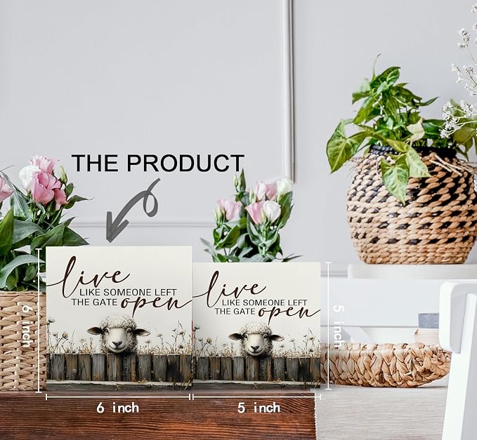 Live like Someone Left the Gate Open Sheep Sign, Cottagecore Animal Wooden Signs, Rustic Farmhouse Wood Sign Home Decor, Farm Animal Easter Sheep Decor for Home Office Badroom,6x6