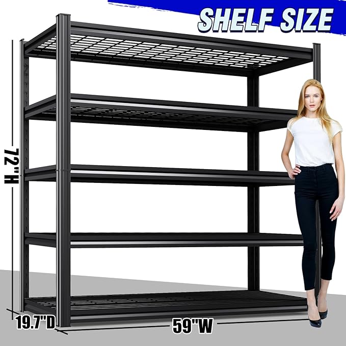 4Pack 59" W Heavy Duty 5-Tier Garage Shelving Unit,2500 lbs Capacity Adjustable Metal Storage Rack, Boltless Steel Shelves for Garage, Basement, Warehouse, Pantry & Kitchen 72"x59"x20",Black