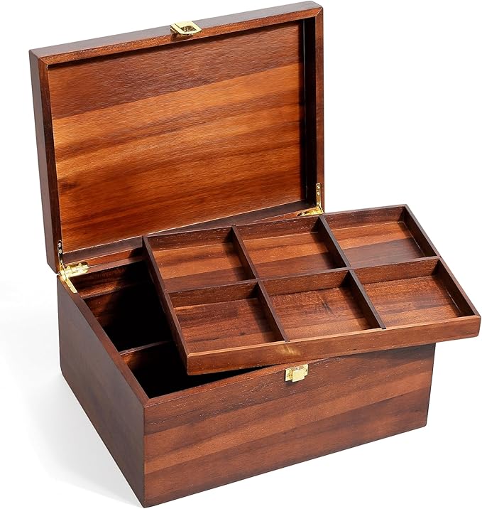 Large Wooden Keepsake Box - Wood Storage Box Decorative Boxes with Adjustable Tray for Storing Keepsake Memory Gift, 12.5 Keepsake Boxes for Home Decor-WB006 (Brown, 12.5 x 9.4 x 6.1 IN)