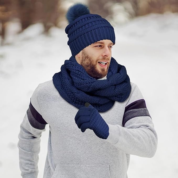 Aneco Womens Winter Warm Sets Knitted Fur Pompoms Beanie Hat Circle Loop Scarf Touch Screen Gloves Winter Favor Accessories