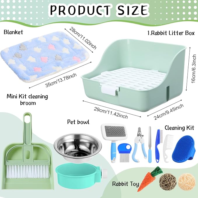 Reallnaive 15 Pcs Rabbit Starter Kit Small Rabbit Litter Box Girls Gift Animal Grooming Kit Bunny Toys Bowl Blankets with Cleaning Set for Guinea Pig Accessories(Green)