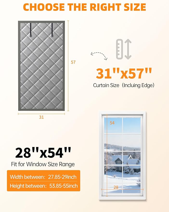 Window Insulation for Winter, 31″×57″ Thermal Window Cover (Fits 28″×54″ Windows ), Dual-Sided Winterizing Curtain for Home & RV, Reusable Draft Stopper with Roll-Up Buckle