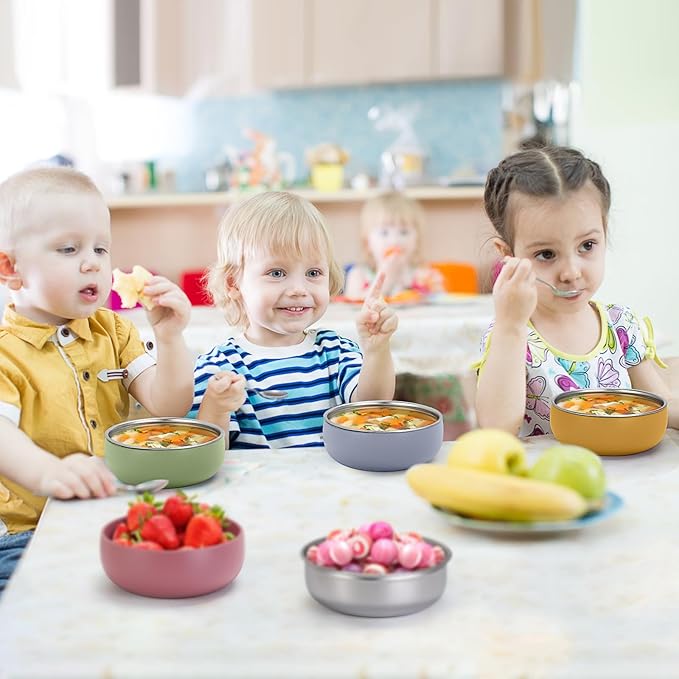 ShineMe Stainless Steel Bowls for Kids, 4 pack Toddler Bowls with Removable Colorful Silicone Sleeve, Unbreakable Baby Bowls for Soup, Cereal, Yogurt, Snacks...