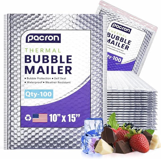 100-Pack Insulated Silver Thermal Bubble Mailers 10 x 15 - Waterproof Metallic Foil Self-Sealing Padded Envelopes for Cold Shipping, Perishables, Food, Cosmetics, Pharmaceuticals