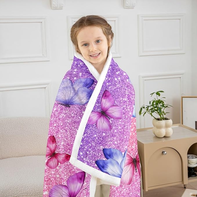 Feelyou Girls Butterfly Fleece Throw Blanket 40"x50" Kids Pink Glitter Print Sherpa Blanket Plush Fuzzy for Bed Couch Chair Living Room, Dreamy Girly Bed Blanket Princess Style Room Decor