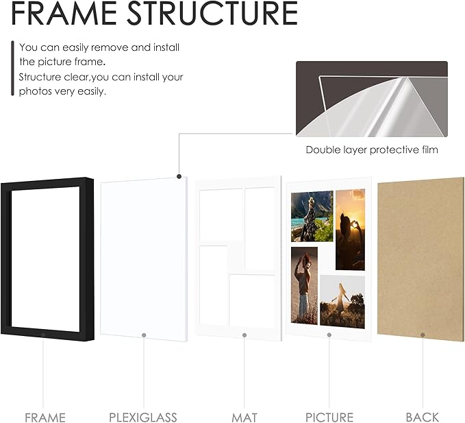 12x12 Picture Frame, 4x6 Collage Picture Frame, Displays Four 4x6 inch Photos, or 12x12 (Without Mat) Available for Wall Mount or Table Top Horizontal and Vertical Display, Black.