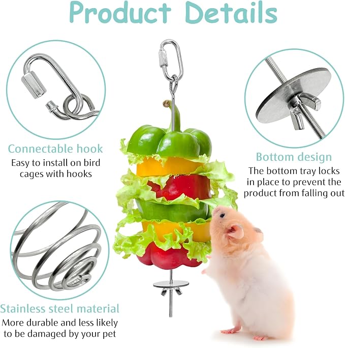 3 PCS Rat Enrichment Toys Stainless Steel Rat Foraging Toy Hanging Slow Feeder Mice Fruit Vegetable Skewer Food Holder Cage Accessories for Rodent Dwarf Hamster Gerbil