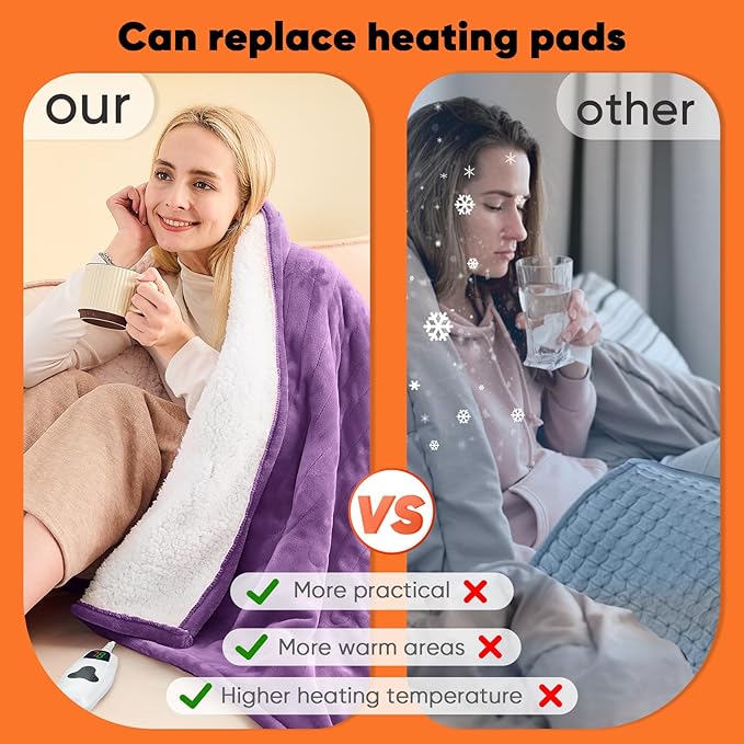 greenoak Heated Blanket Electric Throw 50"X60", Heating Blankets with 10 Heat Levels 8 Hours Auto-Off, Soft Flannel Sherpa Fluffy House Warming Gifts for Grandma Seniors Momt,Wisteria