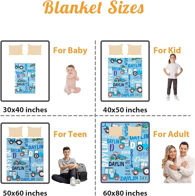 Personalized Tractors Blanket - Custom Name with Farm Tractor Trucks Design - Soft Plush Flannel Bed Blanket for Baby Kid Teen Boys Girls Customized Gifts Light Blue