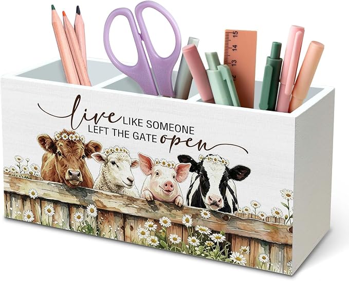 DILSJ Cute Highland Cow Sheep Pen Pencil Holder Organizer for Desk, Highland Cow Gifts, Live Like Someone Left The Gate animals Open Wooden Box Signs for Home Office & School Supplies