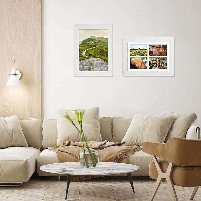 9x13 Picture Frame Display 4 opening 4X6 Picture Frame Collage,Multi Photo Frame with Mat,Plexiglass,Wall or Tabletop Decor,Distressed White Wood Grain