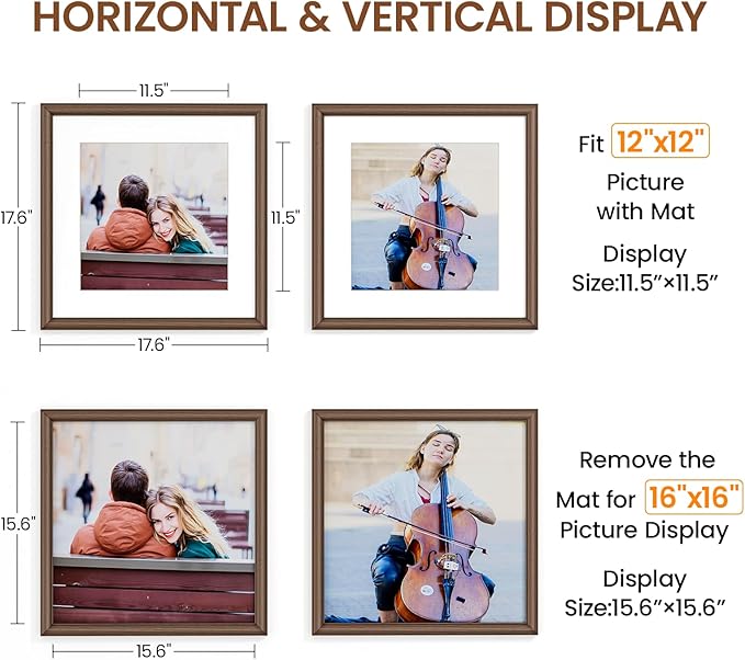 Natural Walnut 16x16 Picture Frames Mat to 12x12 Picture Display,Original Wood Handcrafted Poster Frame,Wooden Frame 16x16 with Tempered Glass Graduation Family Wedding Photo Wall Mounted