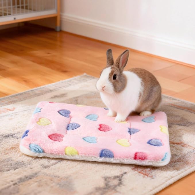 2 Pcs Bunny Bed, Washable Rabbit Bed, Double-Sided Fleece Sleeping Pad for Guinea Pig, Dwarf Rabbit, Chinchilla, Ferret, Hamster, Warm Small Animal Cage Mat, 13x10in, Pink Heart
