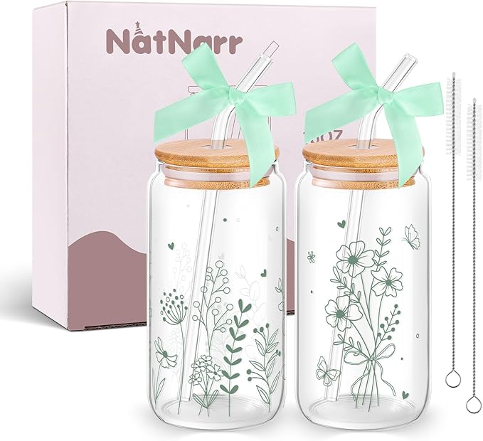 2 Pcs Gift for Women Sage Green Spring Floral Glasses Cups, 16 oz Cute Aesthetic Glass Cups with Lid and Straws Mothers Day Iced Coffee Cup, Idea Gift for Girls New Mom Day Birthday Baby Shower Party