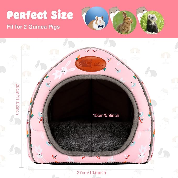 BWOGUE Guinea Pig Bed Large Hide-Out Cozy House Bed for Rabbits Ferret Chinchilla Bearded Dragon Winter Warm Cage Nest Hamster Accessories Cute Bunny and Carrot Pattern | Removable Cushion for Cleaning, Warm Fleece Nest, Washable Bed, 10.6 x 10.6x 11 i...