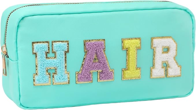 DYSHAYEN Nylon Cosmetic Bag Preppy Hair Makeup Bag for Women Travel Toiletry Organizer with Chenille Letter Patches (Mint-HAIR)