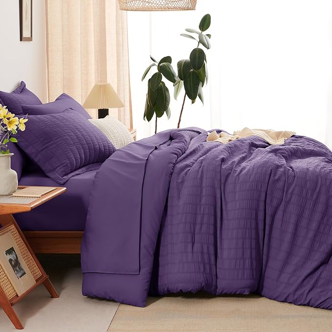 CozyLux Full Size Comforter Sets with Sheets 7 Pieces, Purple Seersucker Bed in a Bag Textured Luxury Soft Bedding Set with Down Alternative Comforter, Sheets, Pillowcases & Shams for All Seasons