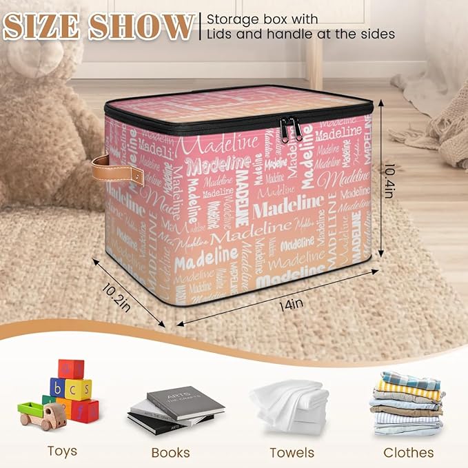 Custom Storage Basket with Name, Personalized Keepsake Box with Zipper Lid, Foldable Fabric Memory Bin Large capacity with Handle Pink Apricot