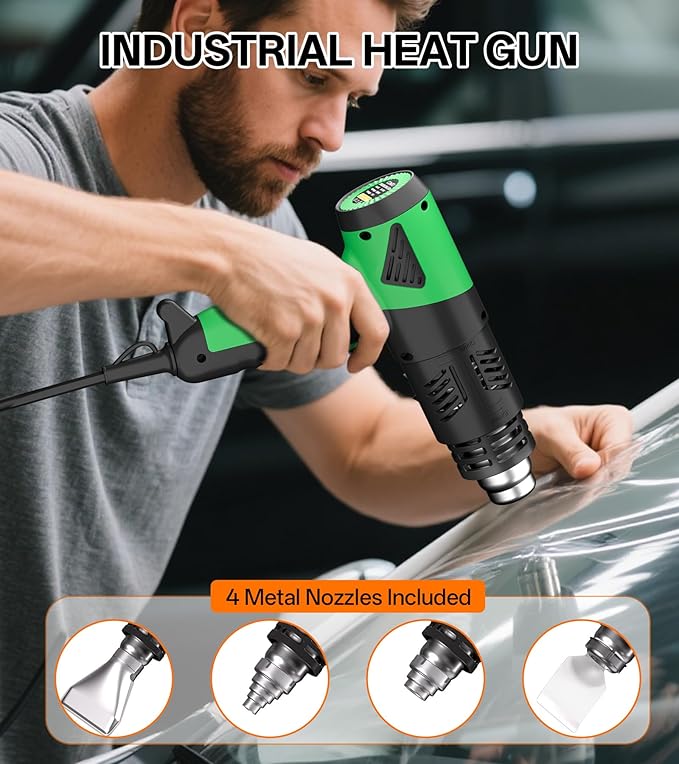 1800W Industrial Heat Gun, Fast Heating 122℉-1202℉ Variable Temperature Control Overheat Protection 2 Speed Air Flow with 4 Nozzles for Crafts, Shrinking Tubing, Vinyl Wrap (SG-1004)