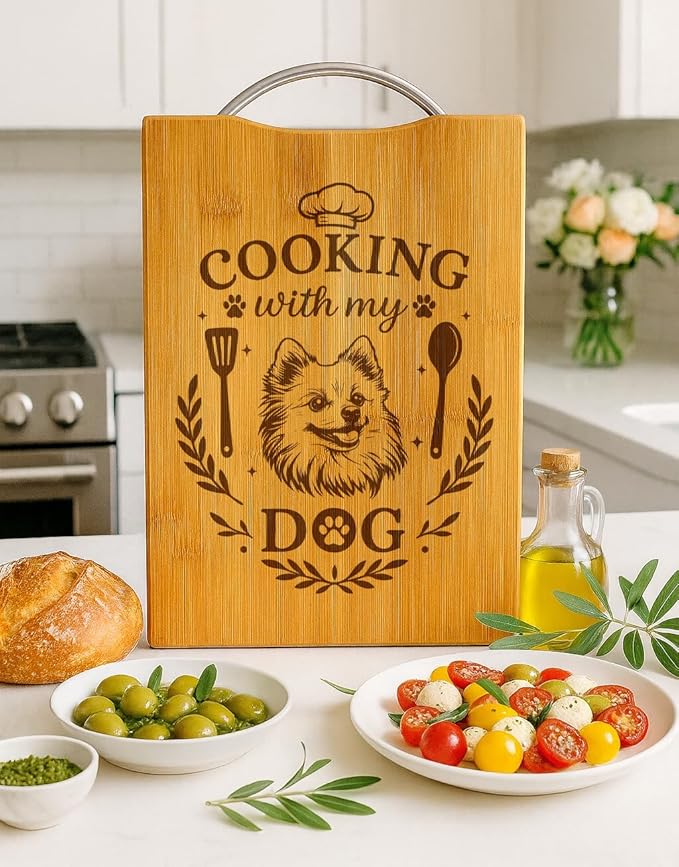 Engraved Cutting Board, Cute Dog Lover Gift, Handmade Kitchen Decor Cooking – with My Dog (Pomeranian)