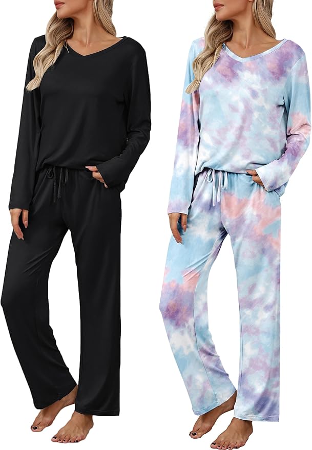 Ekouaer Womens 2 Pack Pajama Set Long Sleeve Pajamas Top and Pants V Neck Pjs Set Soft Loungewear with Pockets