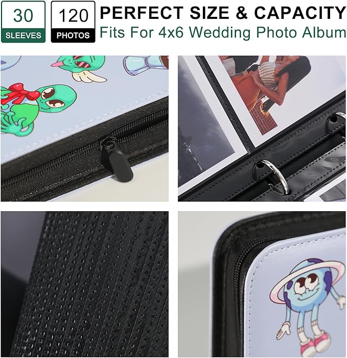 Photo Album 4x6 Pictures,120 Pockets Binder Premium Vegan Leather Cover for Family Wedding Anniversary Baby Kids Vacation. (Cartoon Alien)