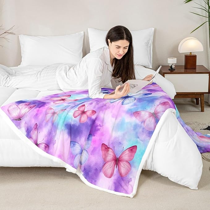 Feelyou Girls Butterfly Fleece Throw Blanket Baby 30"x40" Kids Tie Dye Watercolor Sherpa Blanket Plush Fuzzy for Bed Couch Chair Living Room, Dreamy Girly Bed Blanket Colorful Room Decor