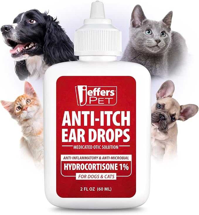 Jeffers Anti-Itch Ear Drops for Dogs & Cats, 2 fl oz -1% Hydrocortisone Otic Solution, Soothes Itchy Ears, Supports Ear Comfort & Hygiene, Clean & Refreshes, Safe for Puppies, Kittens, Adult Pet