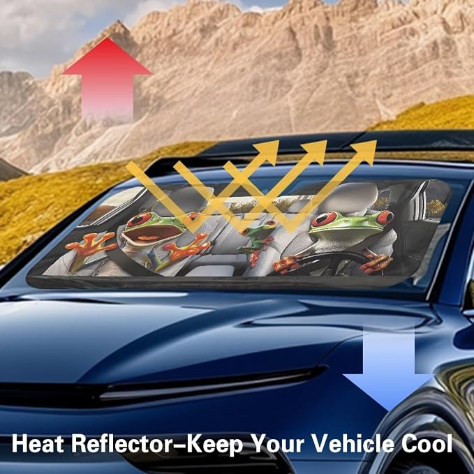Cute Frog Car Front Windshield Sun Shade Foldable Funny Windshield Sunshade Sun Visor UV Rays and Keeps Vehicle Cool Easy Installation for Most Sedan Truck SUV