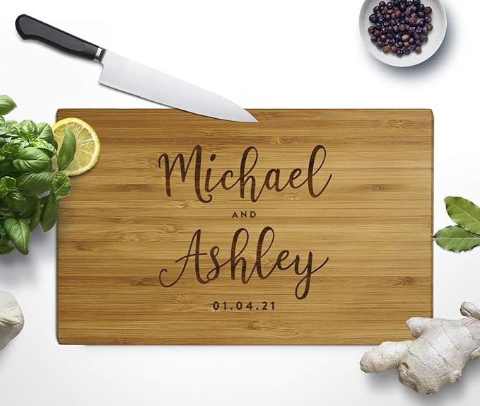 Andaz Press Personalized Laser Engraved Small Bamboo Wood Cutting Board, 9.5 x 6-inch, Bride and Groom Script Names and Date, Custom