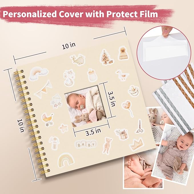 Vienrose Kids Scrapbook Album 10.4"X10.0" with Window Silk Fabric Cover Acid-Free Pages Personalised DIY Photos Scrapbooking for Baby Memory Book, First Year Keepsake Journal Gift Boy Girl, Beige