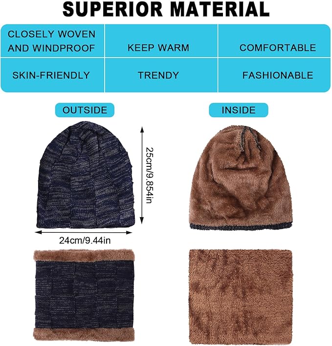 Winter Fleece Lined Beanie Hat Scarf Sock Touchscreen Gloves Set for Men Women