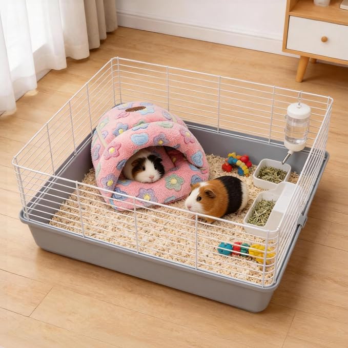 YUEPET Guinea Pig Bed Cuddle Cave, Warm Fleece Hideout, Pink Flower | Cozy Guinea Pig House, Portable Guinea Pig Hideout, Soft Coral Fleece, Washable Cushion