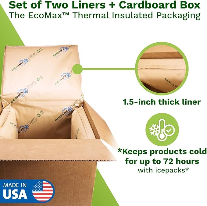 IDL Packaging 14" x 14" x 14" Insulated Shipping Box (USA-Made, 5.8-Gallon Capacity), Pack of 1 - Includes EcoMax™ Thermal-Paper Liners, Absorb Condensation - For Frozen Food, Meat, or Fish