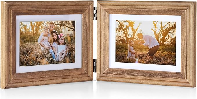 5x7 Double Horizontal Hinged Wood Picture Frame Folding Photo Frame with Real Glass Front in Distressed Farmhouse Wood Grain for Tabletop, Display 4x6 with Mat or 5x7 without Mat X2-MU-2H57