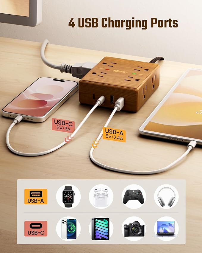 Brown Extension Cord 10Ft, Flat Plug Power Strip Surge Protector, 8 Outlets & 4 USB Ports (2 USB C), Desktop Charging Station Hidden Behind Furniture, Decorative Office Desk Accessories (Walnut Wood)