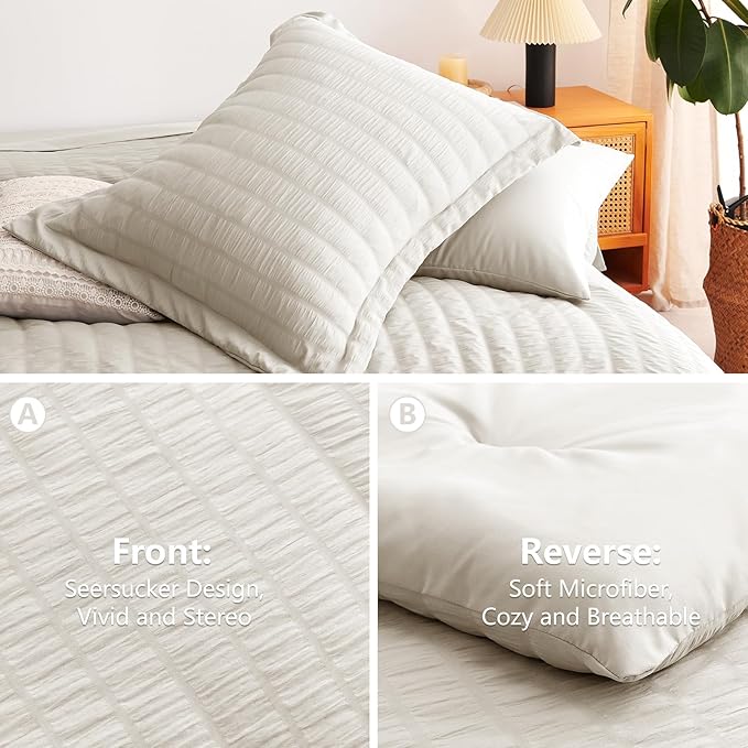 CozyLux Oversized King Comforter Set Beige Seersucker 7 Pieces 120x98 Bed in a Bag Comforter Set with Sheets, Luxury Soft Bedding Sets with Down Alternative Comforter, Sheets, Pillowcases & Shams