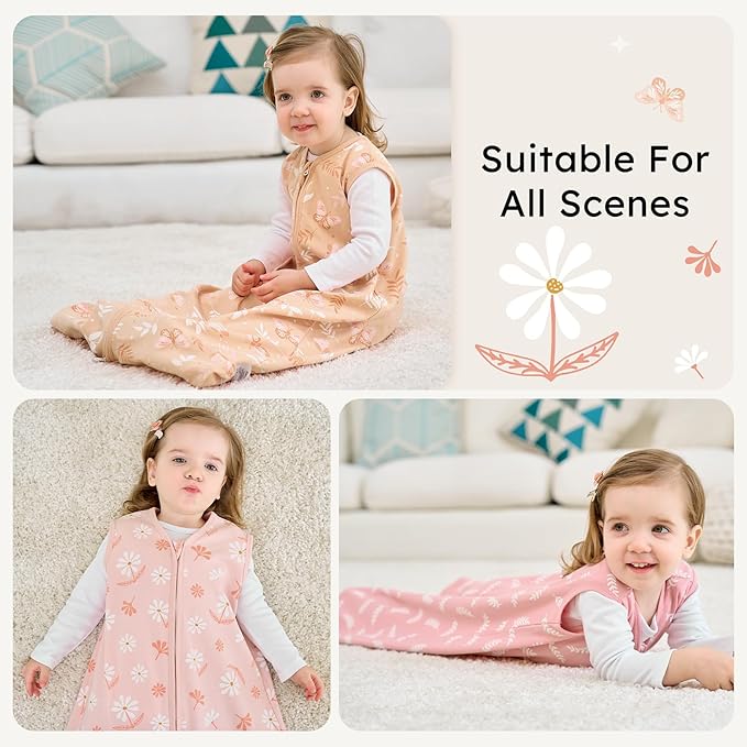 Baby Sleep Sack 6-12 months, 100% Cotton Sleeping Sack for Newborn and Infant, 3 Pack Baby Wearable Blanket for Boy and Girl, 0.5 Tog Lightweight Double Zipper Sleep Bag Pink Orange Flower