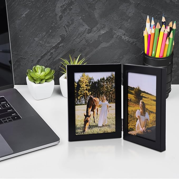 Double Vertical 5X7 Hinged PS Family Picture Frame Collage For Desktop or Tabletop (Black 57X2)