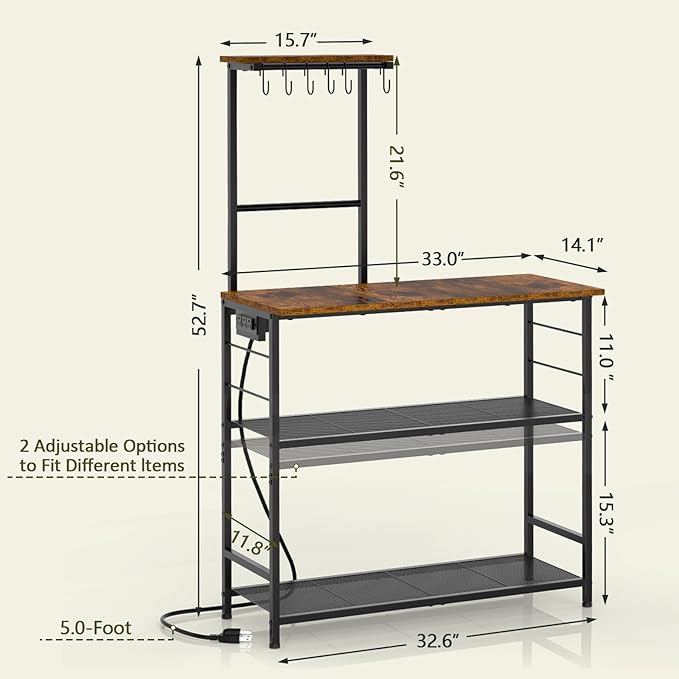 3IngSeagulls 4-Tier Bakers Rack with Power Outlet, 33 Inch Kitchen Microwave Stand with 6 S-Shaped Hooks, Coffee Bar Station with Adjustable Shelf, Rustic Brown