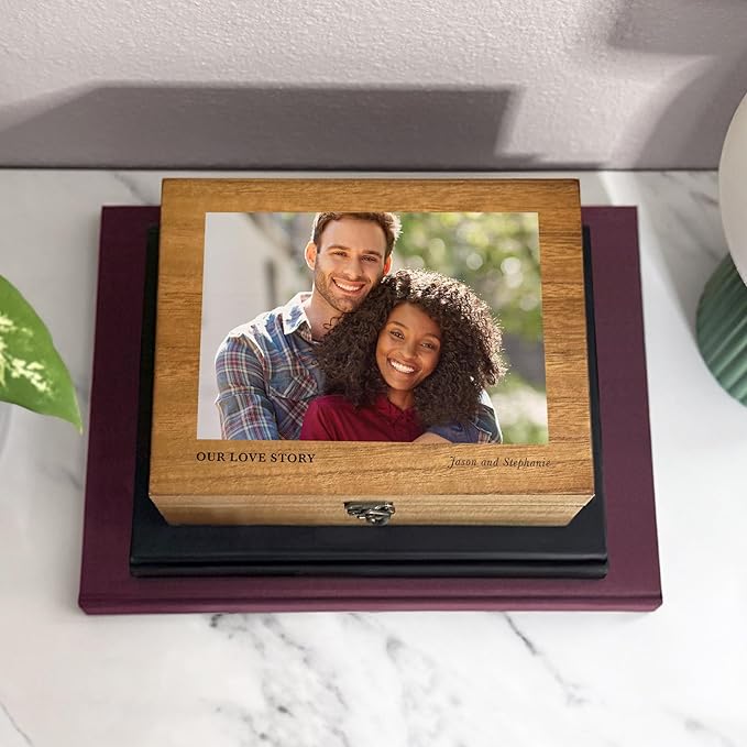 Let's Make Memories Personalized Wooden Keepsake Box With Hinged Lid - Wood Memento Box - Decorative Storage - Home Decor - For Couples, Wedding, Newlyweds - Upload Your Photo - Heart Initial