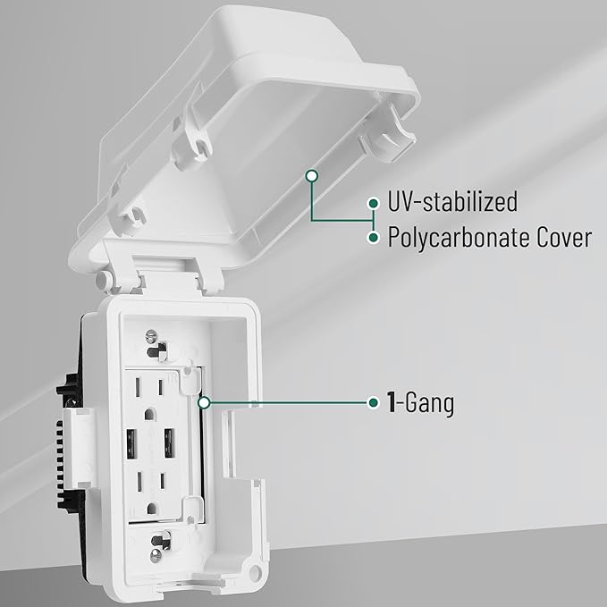 Bates Choice Weatherproof Electrical Outlet Cover, 1-Gang, White Plastic Outdoor Outlet Cover, Plug-In, 120 Volts AC, Compatible with All Devices
