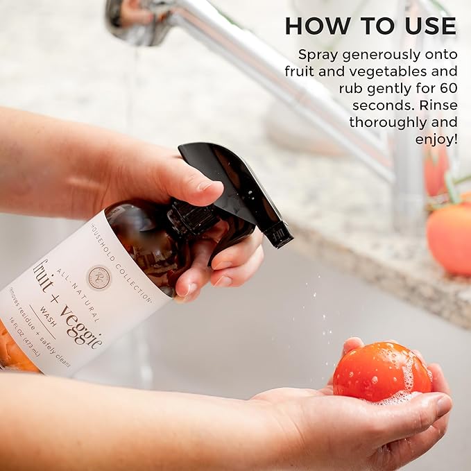 Rowe Casa Organics Fruit & Veggie Wash with Therapeutic Grade Essential Oils – Natural Fruit & Vegetable Wash Spray to Clean from Dirt & Residues – 16 Fl. Oz. Bottle