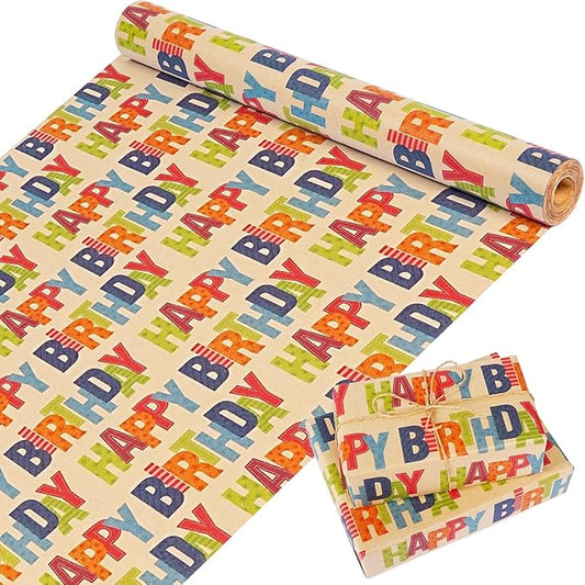 Birthday Wrapping Paper Roll, Kraft Gift Wrapping Paper Jumbo Roll, Colorful Happy Birthday Wrapping Paper for Kids Boys Girls Men Women, Brown Kraft Wrapping Paper for Birthday Party, 17Inchx49Feet